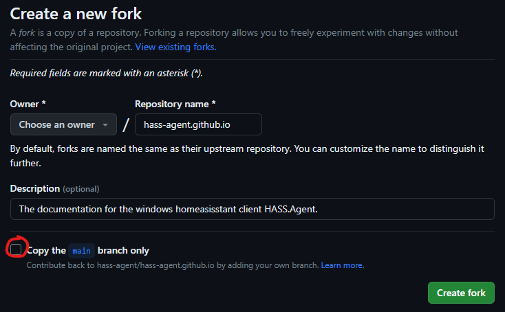 Screenshot of creating a fork github page
